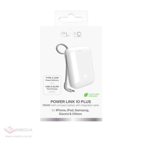 Powerbank Puro Power Link 10 Plus 10000 mAh z wbudowanym kablem USB-C - biały