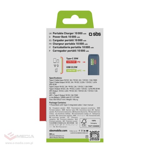 Powerbank SBS 10000 mAh 20W z wbudowanym kablem USB-C i wyświetlaczem cyfrowym - ciemnoszary
