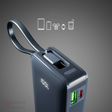 Powerbank SBS 10000 mAh 20W z wbudowanym kablem USB-C i wyświetlaczem cyfrowym - ciemnoszary