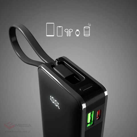 Powerbank SBS 10000 mAh 20W z wbudowanym kablem USB-C i wyświetlaczem cyfrowym - czarny
