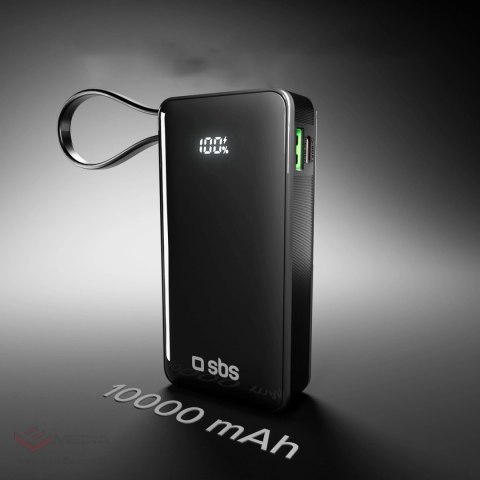Powerbank SBS 10000 mAh 20W z wbudowanym kablem USB-C i wyświetlaczem cyfrowym - czarny