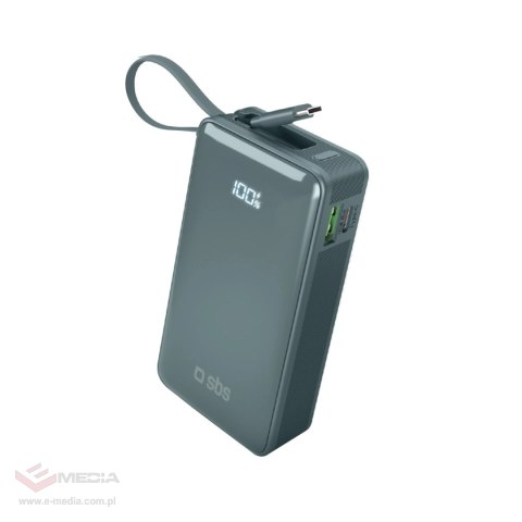 Powerbank SBS 10000 mAh 20W z wbudowanym kablem USB-C i wyświetlaczem cyfrowym - szary