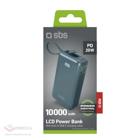 Powerbank SBS 10000 mAh 20W z wbudowanym kablem USB-C i wyświetlaczem cyfrowym - szary
