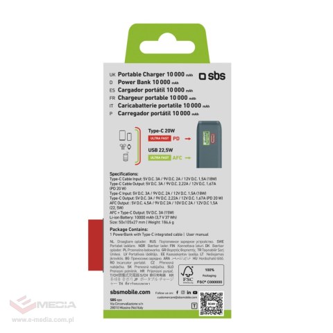Powerbank SBS 10000 mAh 20W z wbudowanym kablem USB-C i wyświetlaczem cyfrowym - szary