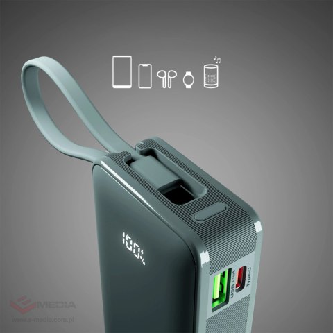 Powerbank SBS 10000 mAh 20W z wbudowanym kablem USB-C i wyświetlaczem cyfrowym - szary
