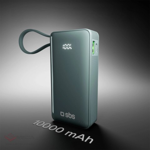 Powerbank SBS 10000 mAh 20W z wbudowanym kablem USB-C i wyświetlaczem cyfrowym - szary
