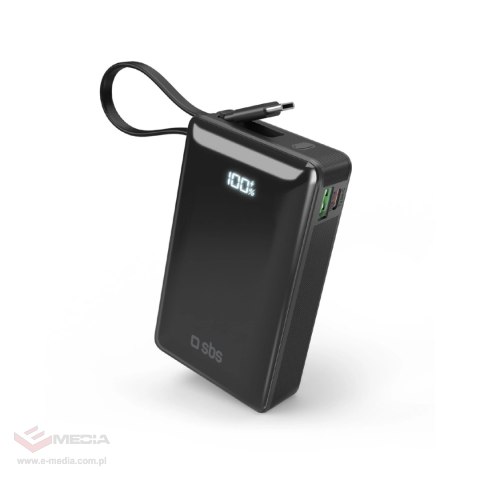 Powerbank SBS 20000 mAh 20 W z wbudowanym kablem USB-C i wyświetlaczem cyfrowym - czarny