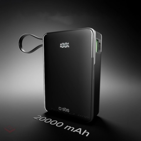 Powerbank SBS 20000 mAh 20 W z wbudowanym kablem USB-C i wyświetlaczem cyfrowym - czarny