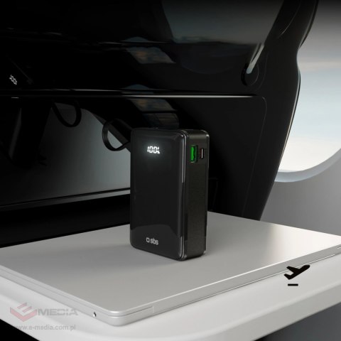 Powerbank SBS 20000 mAh 20 W z wbudowanym kablem USB-C i wyświetlaczem cyfrowym - czarny