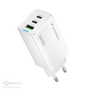 Wozinsky ładowarka GaN 65W z portami USB-A 2xUSB-C z kablem USB-C 65W - biała