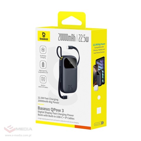 Powerbank Baseus EnerFill FC31 QPow3 20000mAh 22.5W z wyświetlaczem cyfrowym i 2 wbudowanymi kablami (USB-C + Lightning) - czarn
