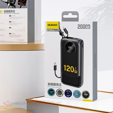 Powerbank Dudao K13Pro 20000mAh z wbudowanym kablem - czarny