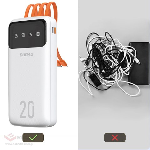 Dudao pojemny powerbank z 4 wbudowanymi kablami 20000mAh USB Typ C + micro USB + Lightning + USB-A (wejście) - biały (Dudao K6Pr