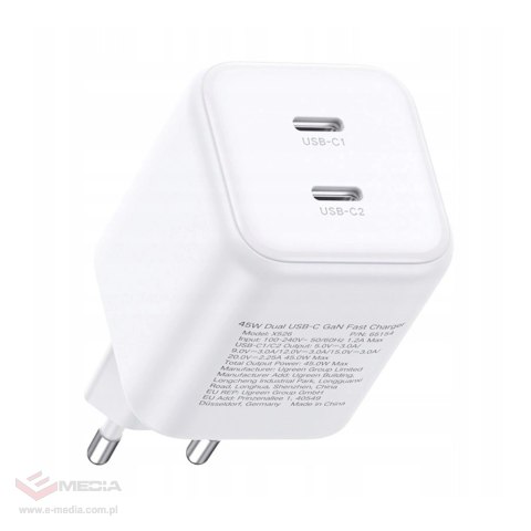Ładowarka Ugreen GaN 45W 2xUSB-C - biała