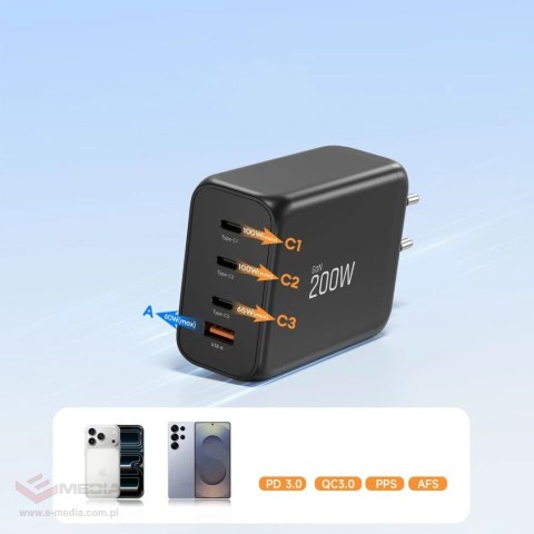 Ładowarka sieciowa Tech-Protect NC200W-GaN 4-Porty 200W - czarna