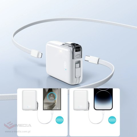 Powerbank Joyroom JR-PBF27 Pro 10000mAh 30W z wbudowanym kablem USB-C i dodatkowym dwukierunkowym kablem USB-C - Lightning - bia