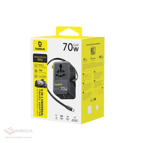 Adapter podróżny Baseus EnerCore CG11 70W 6w1 ze zwijanym kablem USB-C - czarny