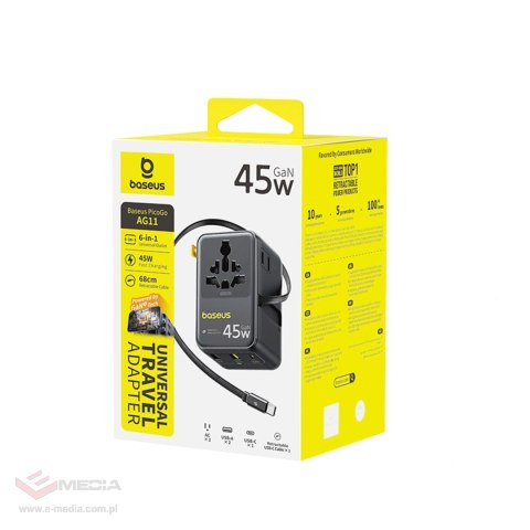 Adapter podróżny Baseus PicoGo AG11 45W 6w1 ze zwijanym kablem USB-C - czarny