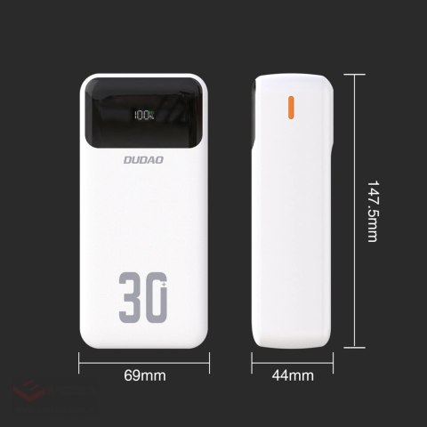 Powerbank Dudao K15Max 30000mAh PD 22.5W z kablami USB-C i Lightning - biały