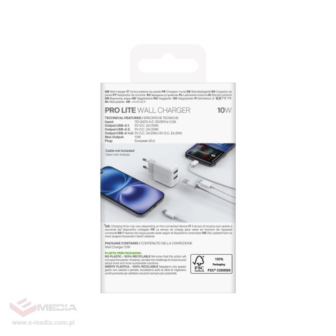 Ładowarka sieciowa Puro PROLITE 10W 2x USB-A - biała
