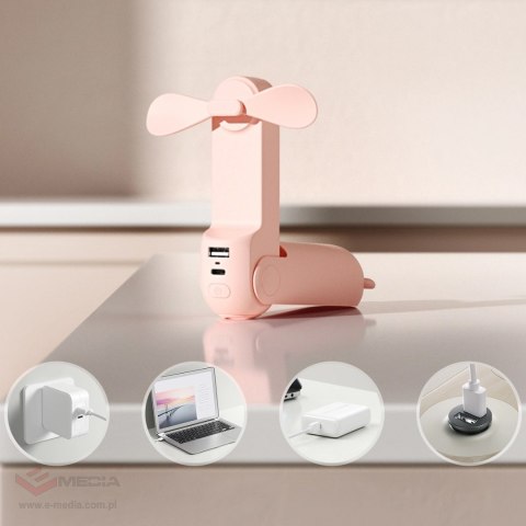 Mini wentylator Jisulife Handheld Fan Life8 przenośny wiatraczek USB z funkcją powerbanka 2000mAh i latarką - różowy
