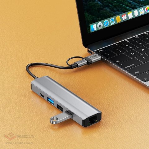 Adapter Tech-Protect HB03 HUB Adapter 5w1 USB-C + USB2.0 + USB3.0 + RJ45 - szary