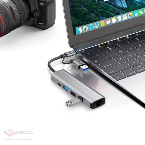 Adapter Tech-Protect HB03 HUB Adapter 5w1 USB-C + USB2.0 + USB3.0 + RJ45 - szary
