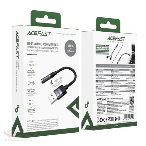 Adapter Acefast J13 USB-A do mini jack 3.5 mm - czarny