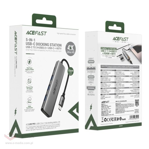 Hub USB Acefast J16 stacja dokująca USB-C 5w1 HDMI 4K 60Hz PD90W - szara