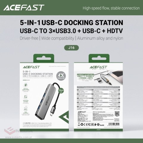 Hub USB Acefast J16 stacja dokująca USB-C 5w1 HDMI 4K 60Hz PD90W - szara