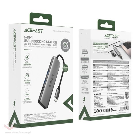 Hub USB Acefast J18 stacja dokująca USB-C 6w1 HDMI 4K 60Hz PD90W - szara