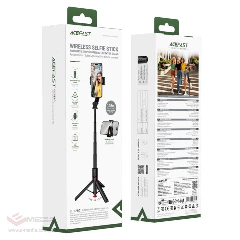 Selfie stick Acefast E42 z automatycznym statywem i pilotem Bluetooth 1,05 m - czarny
