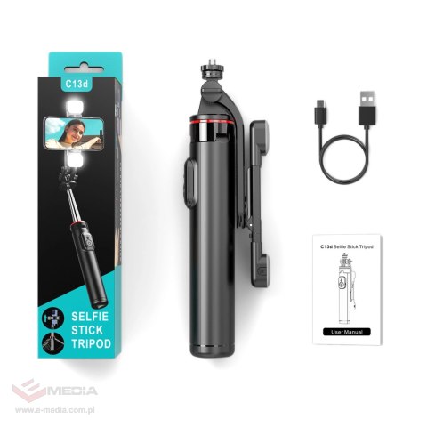 Selfie stick WC13YDS teleskopowy tripod 1.3m z podwójną lampą i uchwytem na telefon - czarny