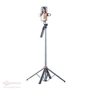 Wozinsky Selfie stick WH181D-Y1S teleskopowy statyw 1.75m ze stopu aluminium z podwójną lampą i uchwytem na telefon - czarny