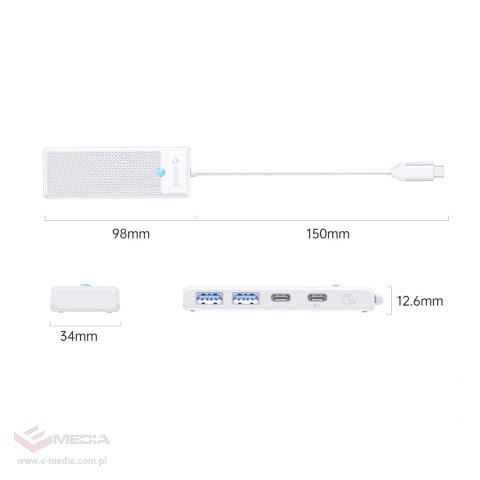 Hub USB Orico PAPW2AC-C3 4-portowy 2x USB-A 3.0 1x USB-C 3.0 z ładowaniem USB-C PD 100 W 0,15 m - biały