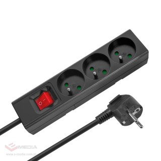 Przedłużacz 3 gniazda 2m typu francuskiego z przełącznikiem (3x1,5mm) Rebel czarny