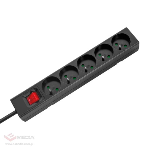 Przedłużacz 5 gniazd 2m typu francuskiego z przełącznikiem (3x1,5mm) Rebel czarny