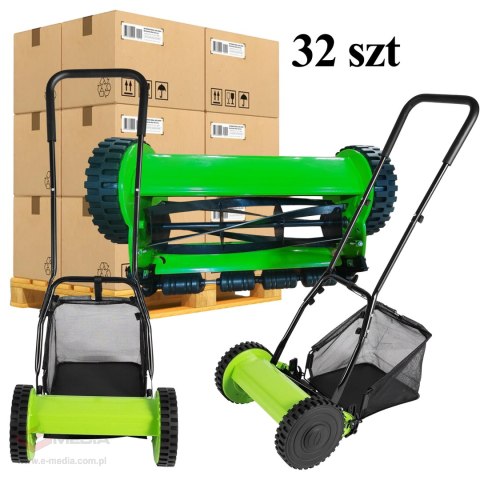 32x Kosiarka Ręczna Bębnowa Mechaniczna Wrzecionowa Pchana Z Koszem 16" 40 cm