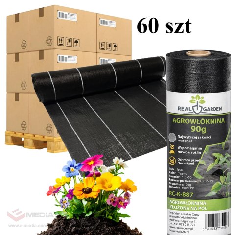 60x Agrowłóknina 90G 1,6x50m Czarna UV Agrotkanina Mata Antychwastowa