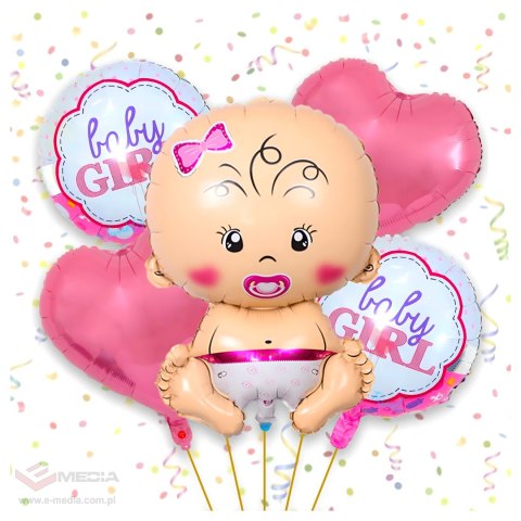 Balony na Baby Shower Bobas Dziewczynka Baby Girl Zestaw 5 szt Gwiazdki