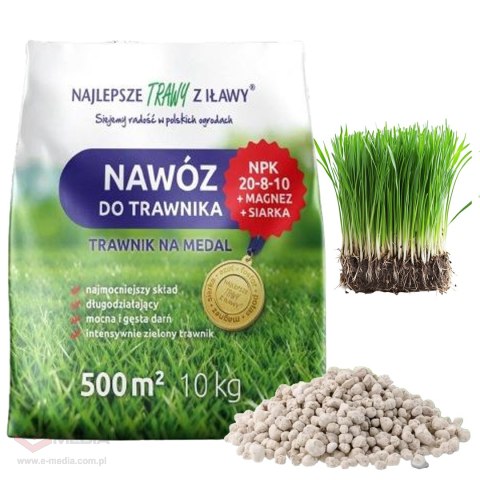 Nawóz do Trawnika Trawy Wieloskładnikowy NPK 20-8-10 Granulat 10 kg 500 m