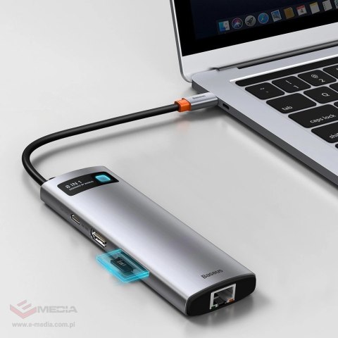 Hub Baseus Metal Gleam 8w1 USB-C - USB-C PD 100W 1x HDMI 4K 30Hz 1x czytnik kart SD i microSD 3x USB-A 3.2 1xRJ45 - szary