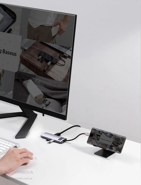 Hub Baseus Metal Gleam 8w1 USB-C - USB-C PD 100W 1x HDMI 4K 30Hz 1x czytnik kart SD i microSD 3x USB-A 3.2 1xRJ45 - szary