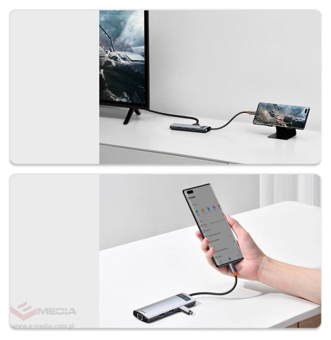 Hub Baseus Metal Gleam 8w1 USB-C - USB-C PD 100W 1x HDMI 4K 30Hz 1x czytnik kart SD i microSD 3x USB-A 3.2 1xRJ45 - szary