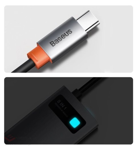 Hub Baseus Metal Gleam 8w1 USB-C - USB-C PD 100W 1x HDMI 4K 30Hz 1x czytnik kart SD i microSD 3x USB-A 3.2 1xRJ45 - szary