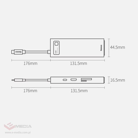 Hub Baseus Metal Gleam 8w1 USB-C - USB-C PD 100W 1x HDMI 4K 30Hz 1x czytnik kart SD i microSD 3x USB-A 3.2 1xRJ45 - szary