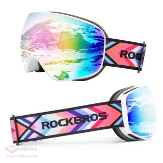 Gogle narciarskie Rockbros SP284 dla dzieci przeciwmgielne z filtrem UV szara soczewka z różowym lustrem - białe