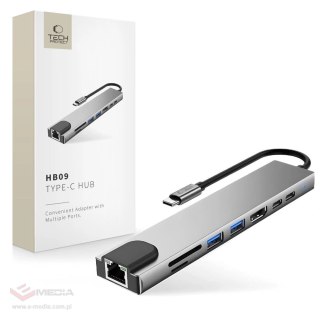 Hub USB Tech-Protect HB09 8w1 TYPE-C + USB-A 3.0 + USB-C 3.0 + HDMI 4K 60HZ + SD/TF + PD100W + RJ45 1000 MB/S - szary