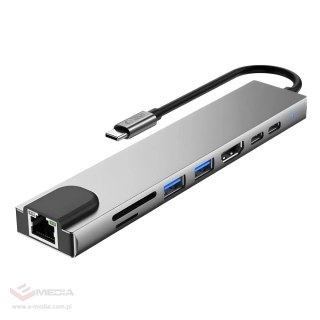 Hub USB Tech-Protect HB09 8w1 TYPE-C + USB-A 3.0 + USB-C 3.0 + HDMI 4K 60HZ + SD/TF + PD100W + RJ45 1000 MB/S - szary