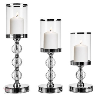 Świecznik Świeczniki Szklane Metalowe Srebrne Lampion Glamour Zestaw 3 szt